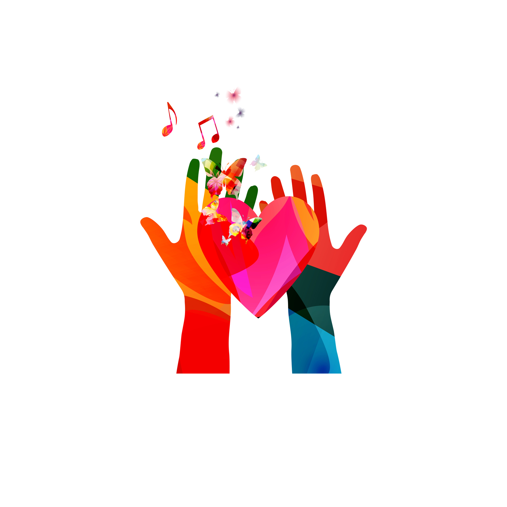 Colorful human hands raised and isolated vector illustration. Charity and help, volunteerism, social care and community support concepts