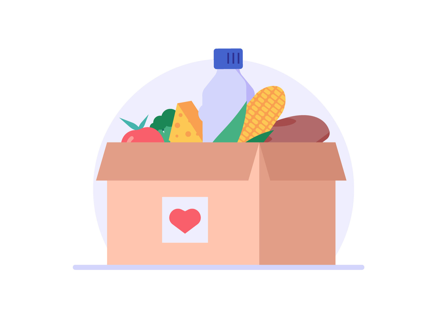 Basket of groceries for charity. Concept of help, social care, volunteering, support for poor people, food donation, charity. Cartoon flat vector illustration for web banner